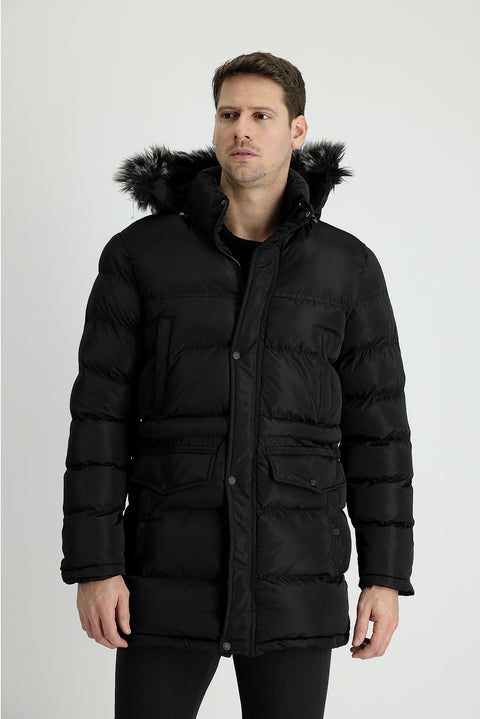 Black Hooded Sports Puffer Jacket