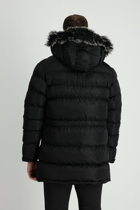 Black Hooded Sports Puffer Jacket