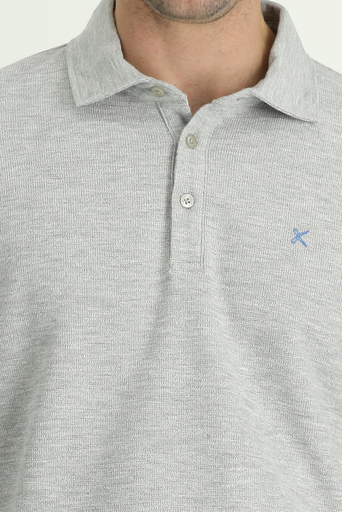 Medium Grey Melange Polo Collar Embroidered Cotton Sweatshirt