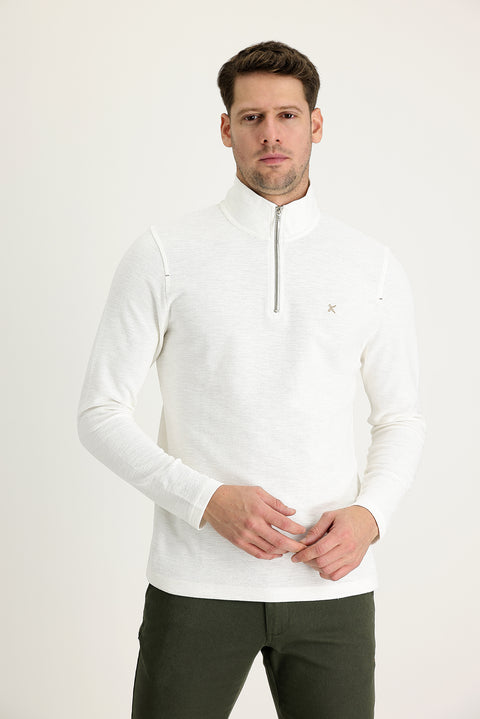Ekru Yarım Balıkçı Yaka Fermuarlı Nakışlı Sweatshirt
