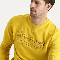 Mustard Yellow Crew Neck Slim Fit Printed Sweatshirt
