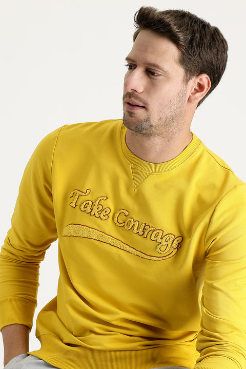 Mustard Yellow Crew Neck Slim Fit Printed Sweatshirt