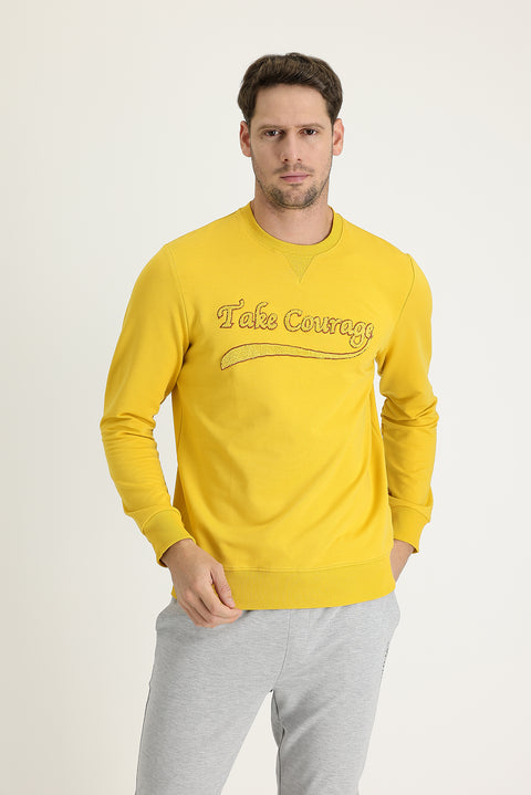 Mustard Yellow Crew Neck Slim Fit Printed Sweatshirt