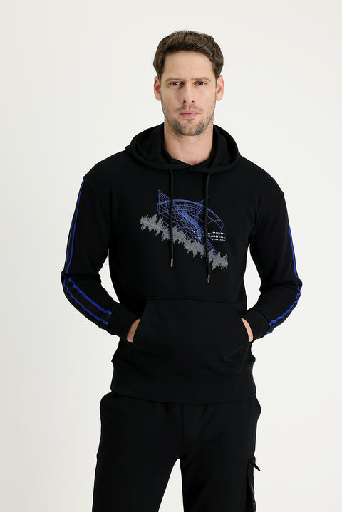 Black Hooded Slim Fit Printed Sweatshirt