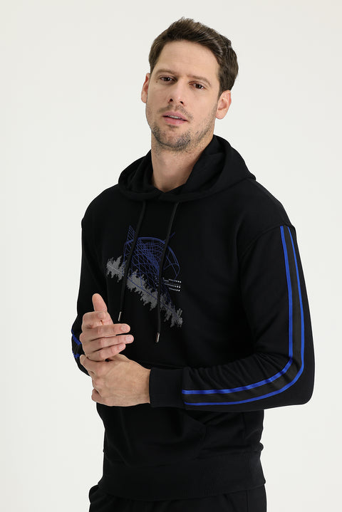 Black Hooded Slim Fit Printed Sweatshirt