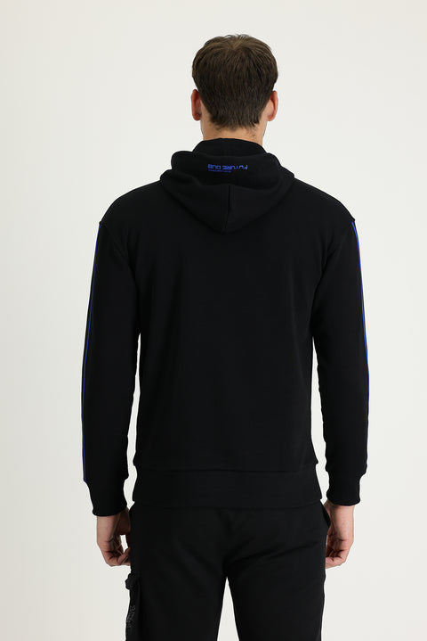 Black Hooded Slim Fit Printed Sweatshirt