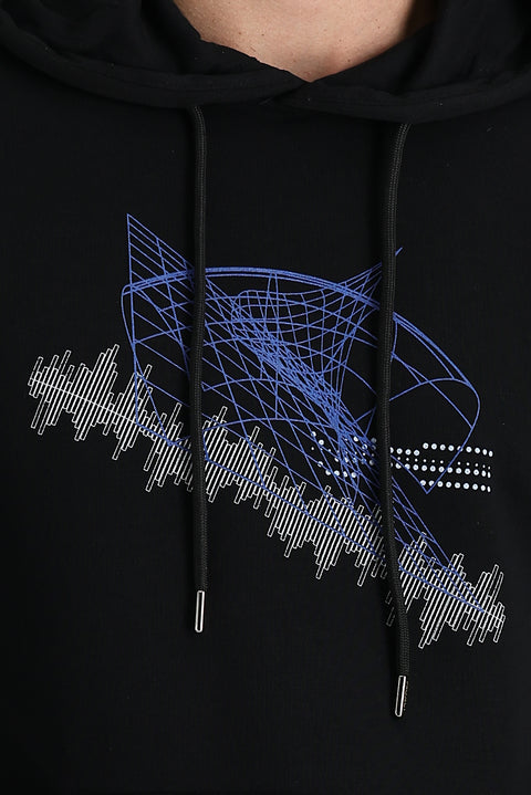 Black Hooded Slim Fit Printed Sweatshirt