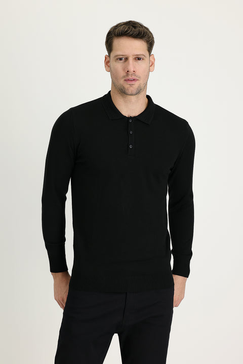 Black Polo Collar Regular Fit Knitted Sweater