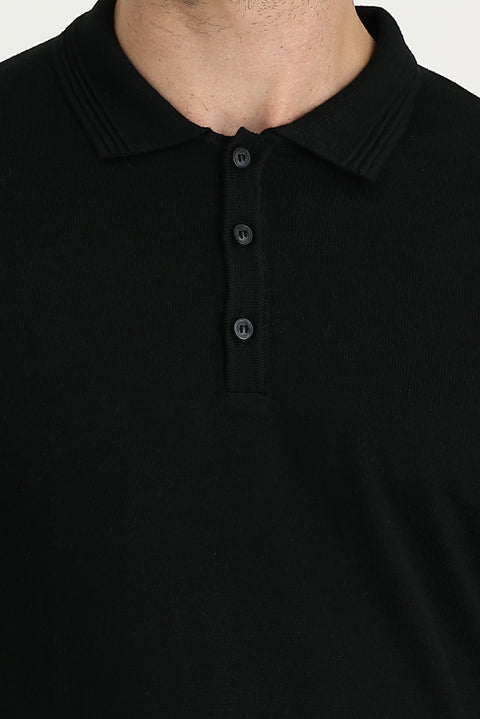 Black Polo Collar Regular Fit Knitted Sweater