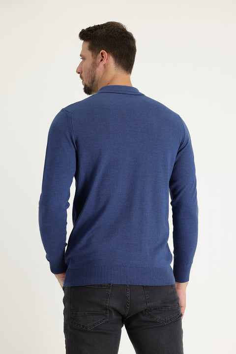 İndigo Melanj Polo Yaka Regular Fit Triko Kazak