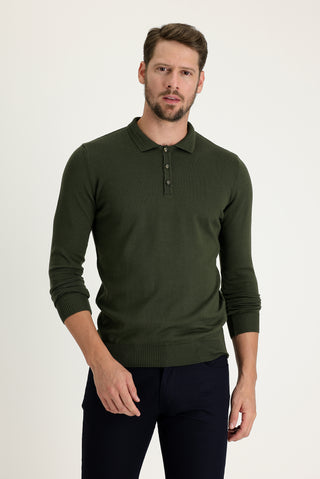 Orta Haki Polo Yaka Regular Fit Triko Kazak