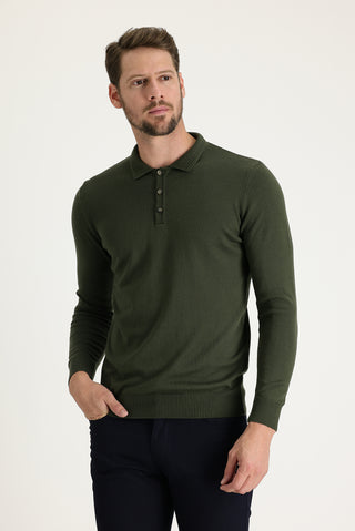 Orta Haki Polo Yaka Regular Fit Triko Kazak
