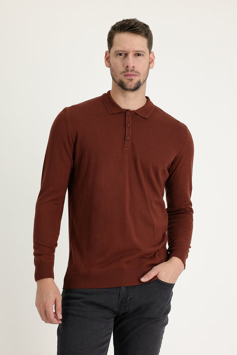 Kiremit Polo Yaka Regular Fit Pamuklu Triko Kazak