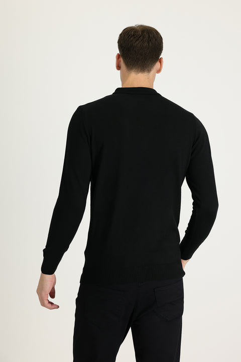 Black Polo Collar Regular Fit Cotton Knit Sweater