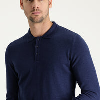 Medium Navy Melange Polo Collar Regular Fit Cotton Knit Sweater