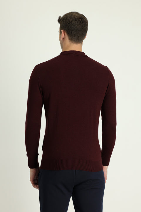 Dark Burgundy Polo Collar Regular Fit Cotton Knit Sweater
