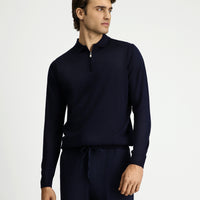 Dark Navy Polo Collar Regular Fit Zip-Up Wool Knit Sweater