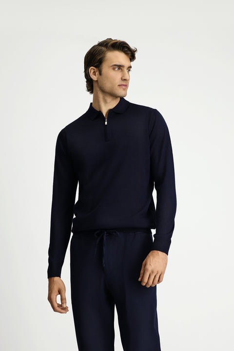 Dark Navy Polo Collar Regular Fit Zip-Up Wool Knit Sweater