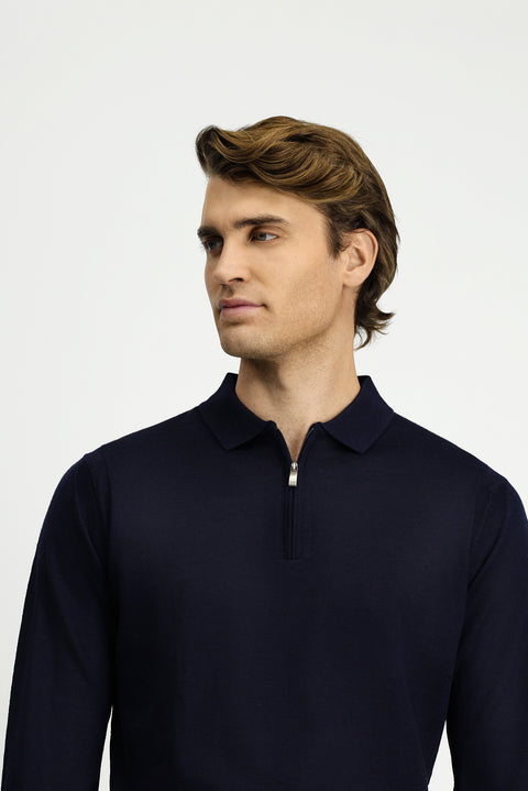 Dark Navy Polo Collar Regular Fit Zip-Up Wool Knit Sweater