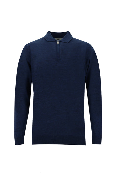 Dark Petrol Polo Collar Regular Fit Zip-Up Wool Knit Sweater