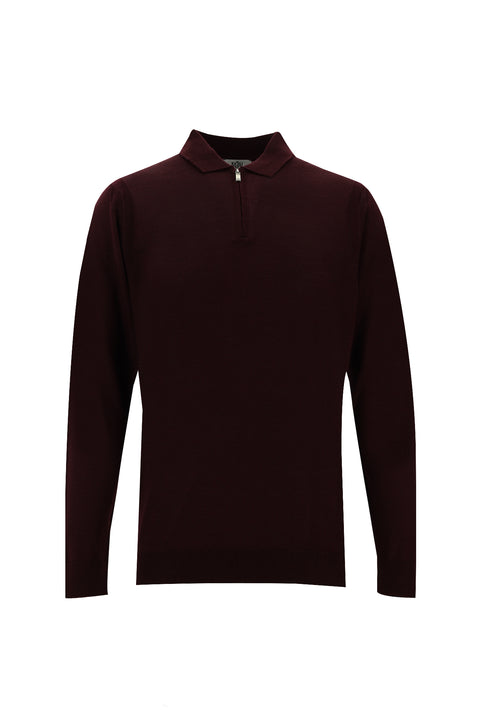 Dark Burgundy Polo Collar Regular Fit Zip-Up Wool Knit Sweater