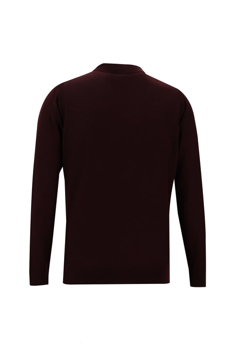 Dark Burgundy Polo Collar Regular Fit Zip-Up Wool Knit Sweater