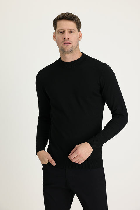 Black Half Turtleneck Regular Fit Cotton Knit Sweater