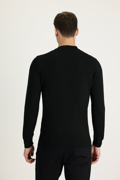 Black Half Turtleneck Regular Fit Cotton Knit Sweater