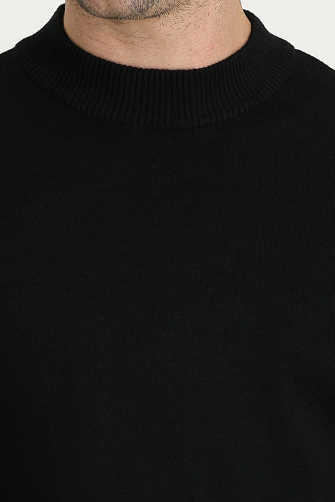 Black Half Turtleneck Regular Fit Cotton Knit Sweater