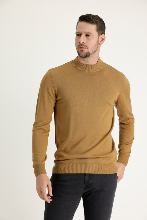 Camel Yarım Balıkçı Yaka Regular Fit Pamuklu Triko Kazak