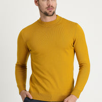 Mustard Yellow Semi-Turtleneck Regular Fit Cotton Knit Sweater