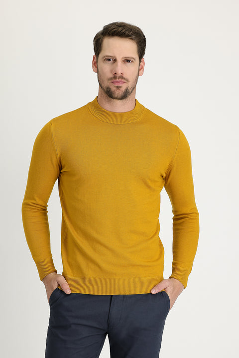 Mustard Yellow Semi-Turtleneck Regular Fit Cotton Knit Sweater
