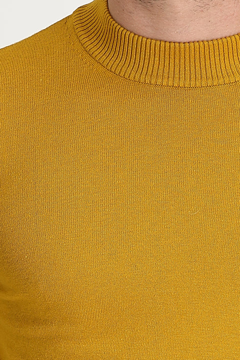 Mustard Yellow Semi-Turtleneck Regular Fit Cotton Knit Sweater