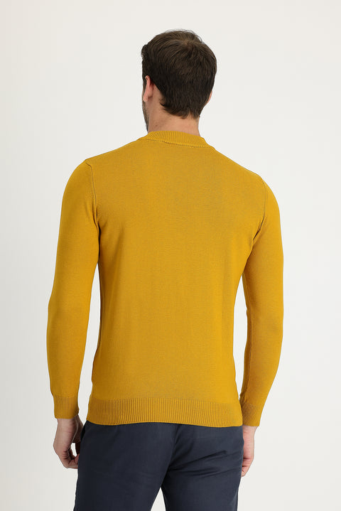Mustard Yellow Semi-Turtleneck Regular Fit Cotton Knit Sweater
