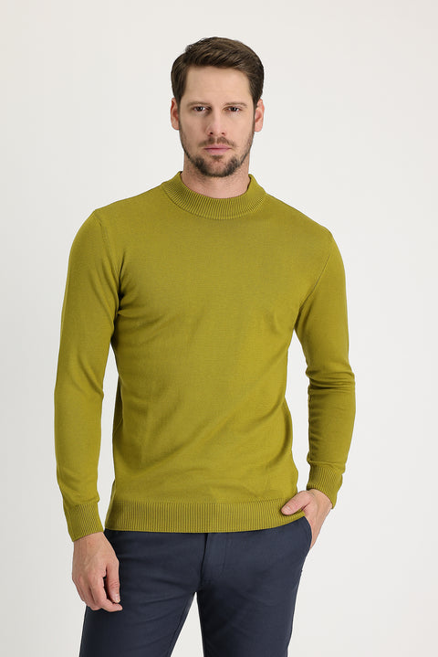 Olive Green Half Turtleneck Regular Fit Cotton Knit Sweater