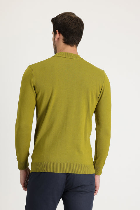 Olive Green Half Turtleneck Regular Fit Cotton Knit Sweater