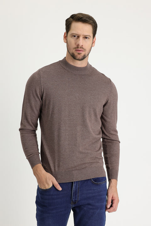 Light Brown Melange Half Turtleneck Regular Fit Knitted Sweater