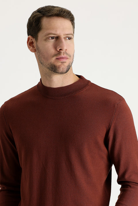 Tile-colored Half Turtleneck Regular Fit Knitted Sweater