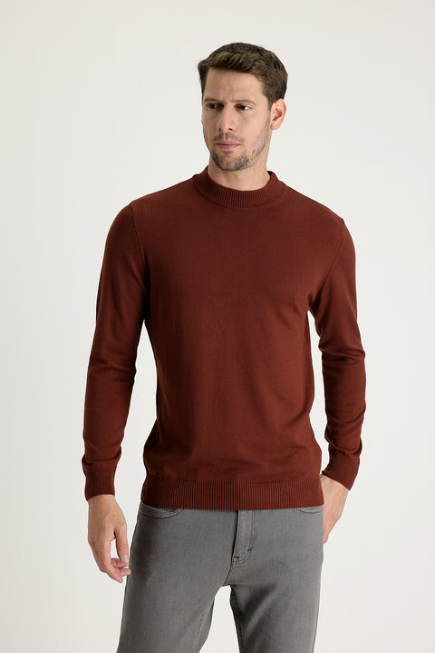 Tile-colored Half Turtleneck Regular Fit Knitted Sweater