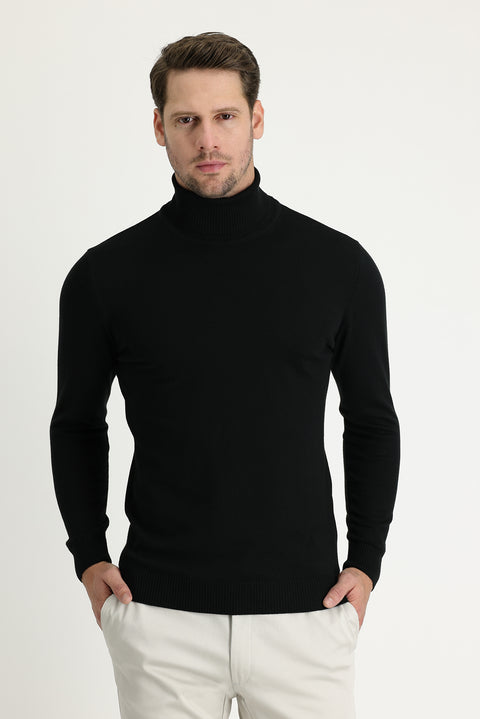 Black Turtleneck Regular Fit Knitted Sweater