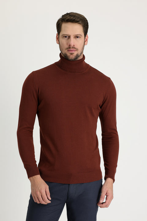 Tile-colored Turtleneck Regular Fit Knitted Sweater
