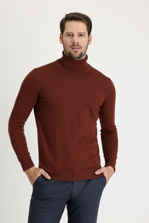 Tile-colored Turtleneck Regular Fit Knitted Sweater