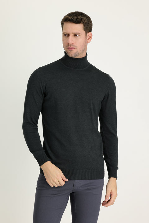 Dark Anthracite Turtleneck Regular Fit Cotton Knit Sweater