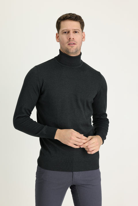 Dark Anthracite Turtleneck Regular Fit Cotton Knit Sweater