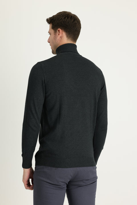 Dark Anthracite Turtleneck Regular Fit Cotton Knit Sweater