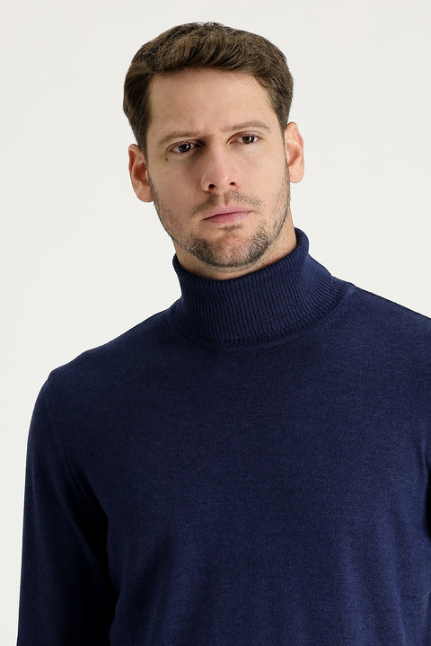 Medium Navy Melange Turtleneck Regular Fit Knitted Sweater