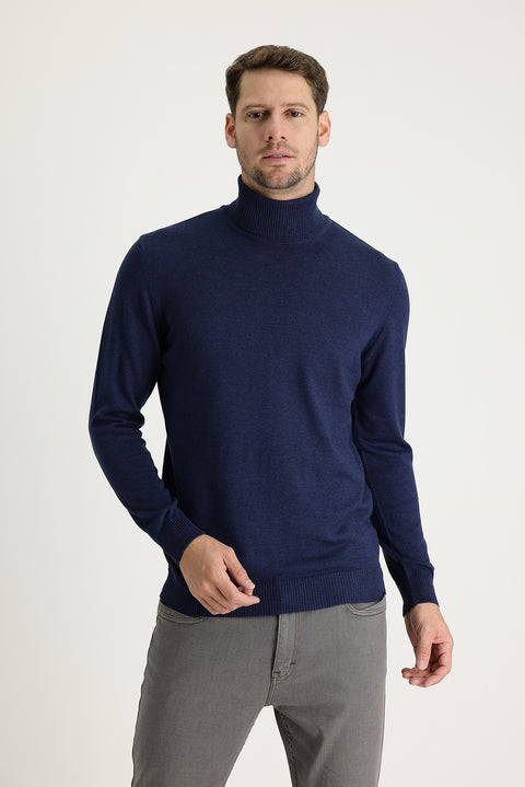 Medium Navy Melange Turtleneck Regular Fit Knitted Sweater