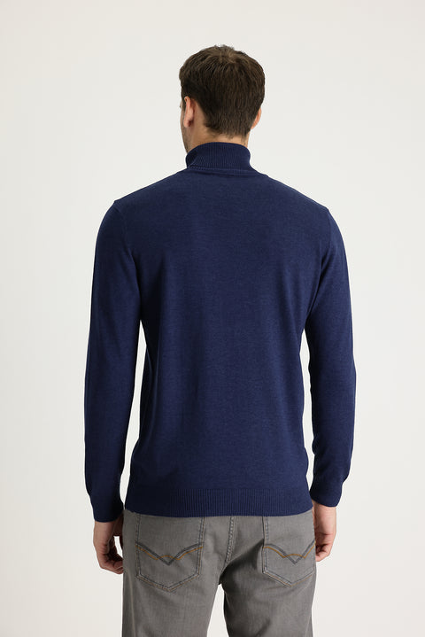 Medium Navy Melange Turtleneck Regular Fit Knitted Sweater