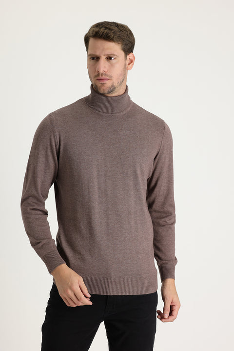 Light Brown Melange Turtleneck Regular Fit Knitted Sweater
