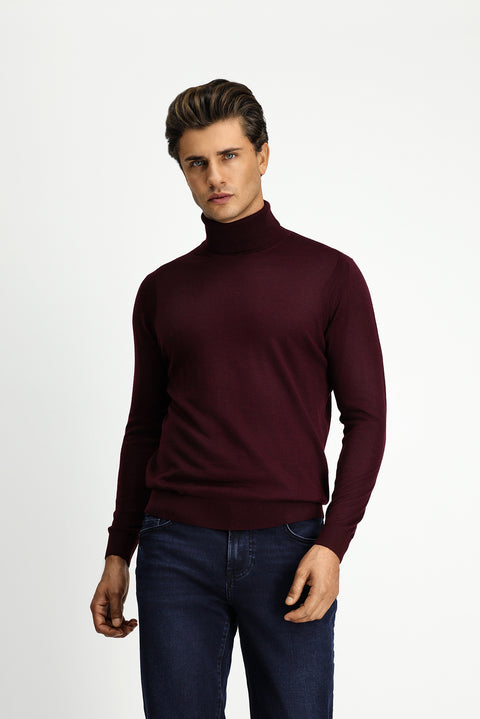Dark Burgundy Turtleneck Regular Fit Wool Knit Sweater